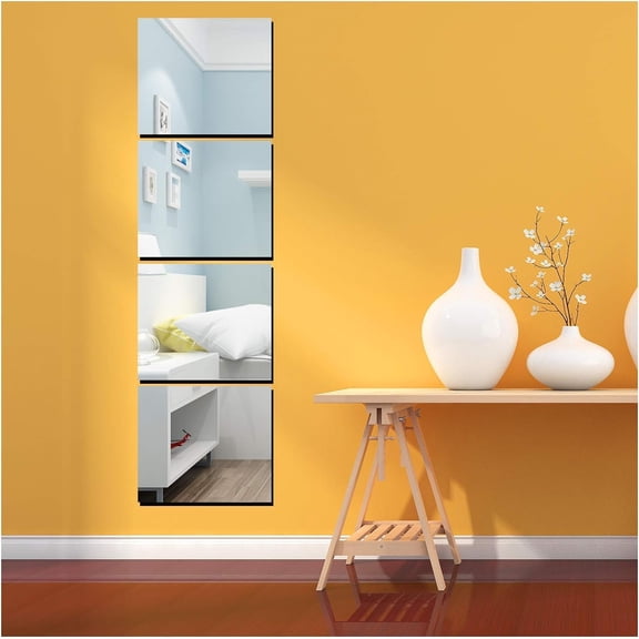 3D Acrylic Mirror Sheets Wall Stickers Decals, 4 Pcs 12X10in Frameless Mirror Full Body Mirror Set, Length Gym Mirror Peel and Stick Mirrors for W All Bathroom, Bedroom, Square, Door Tiles