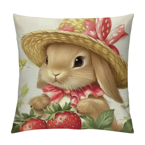 PRATYUS Happy Easter Bunny Decorative Throw Pillow Covers, Easter Egg Hunt Rabbit Porch Patio Outdoor Pillowcase, Spring Strawberry Butterfly Cushion Case Home Decor 12x12in