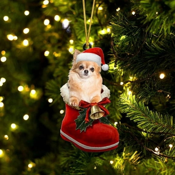 Acrylic 2D FLAT Chihuahua Red In Santa Boot Christmas Hanging Ornament