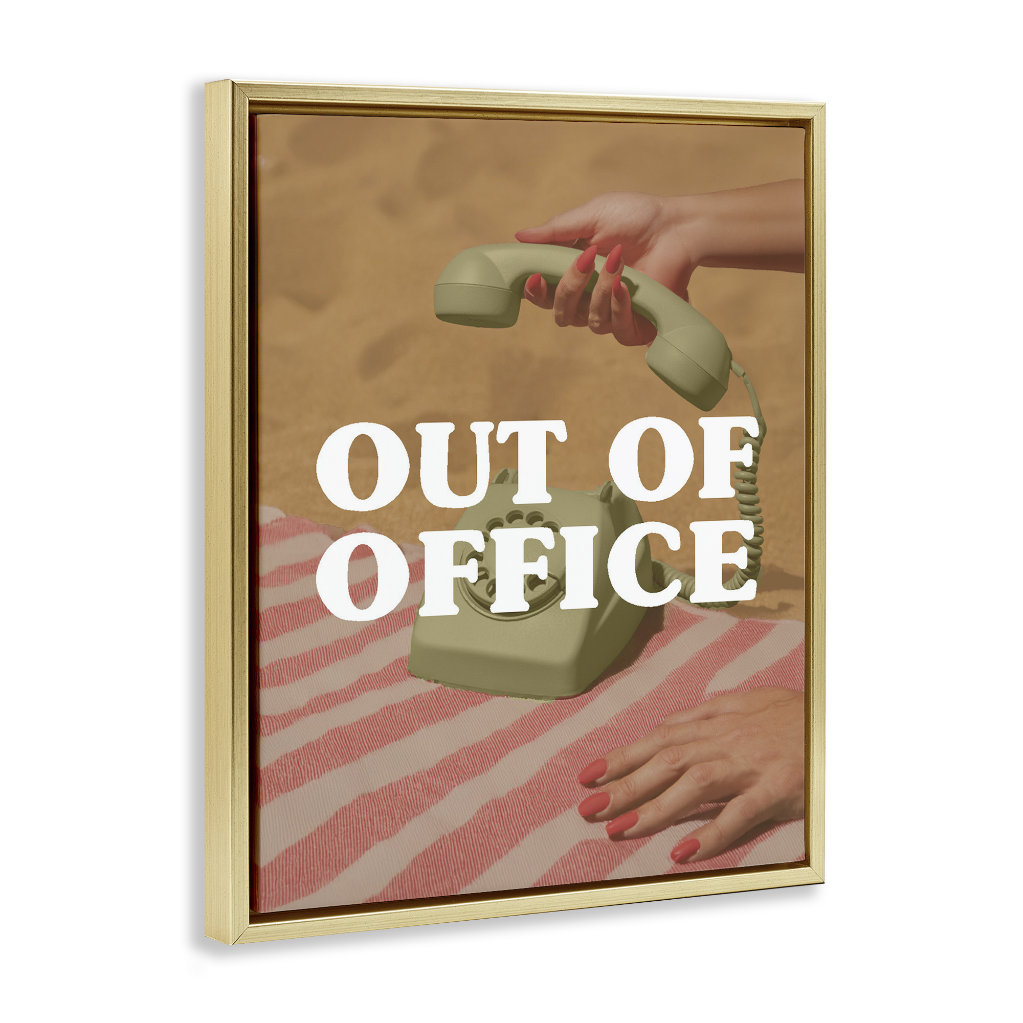 Out of Office Green Phone Gold Framed Floater Canvas Wall Art, design by Lil' Rue