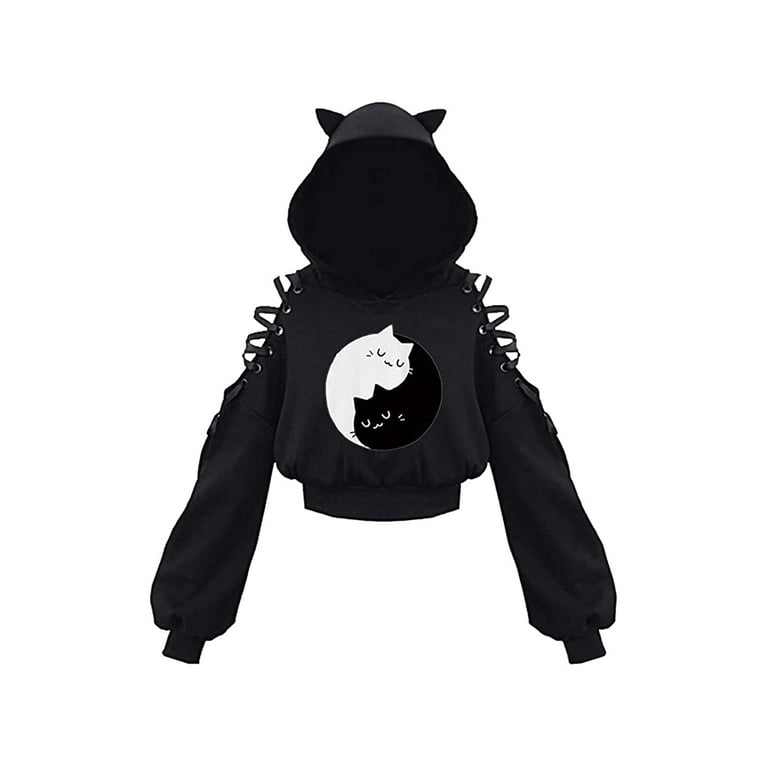 Women Teen Girls Cute Cat Ear Crop Top Hoodie Off Shoulder Hollow Out Long Sleeve Black Punk Goth Navel Hooded Sweatshirts