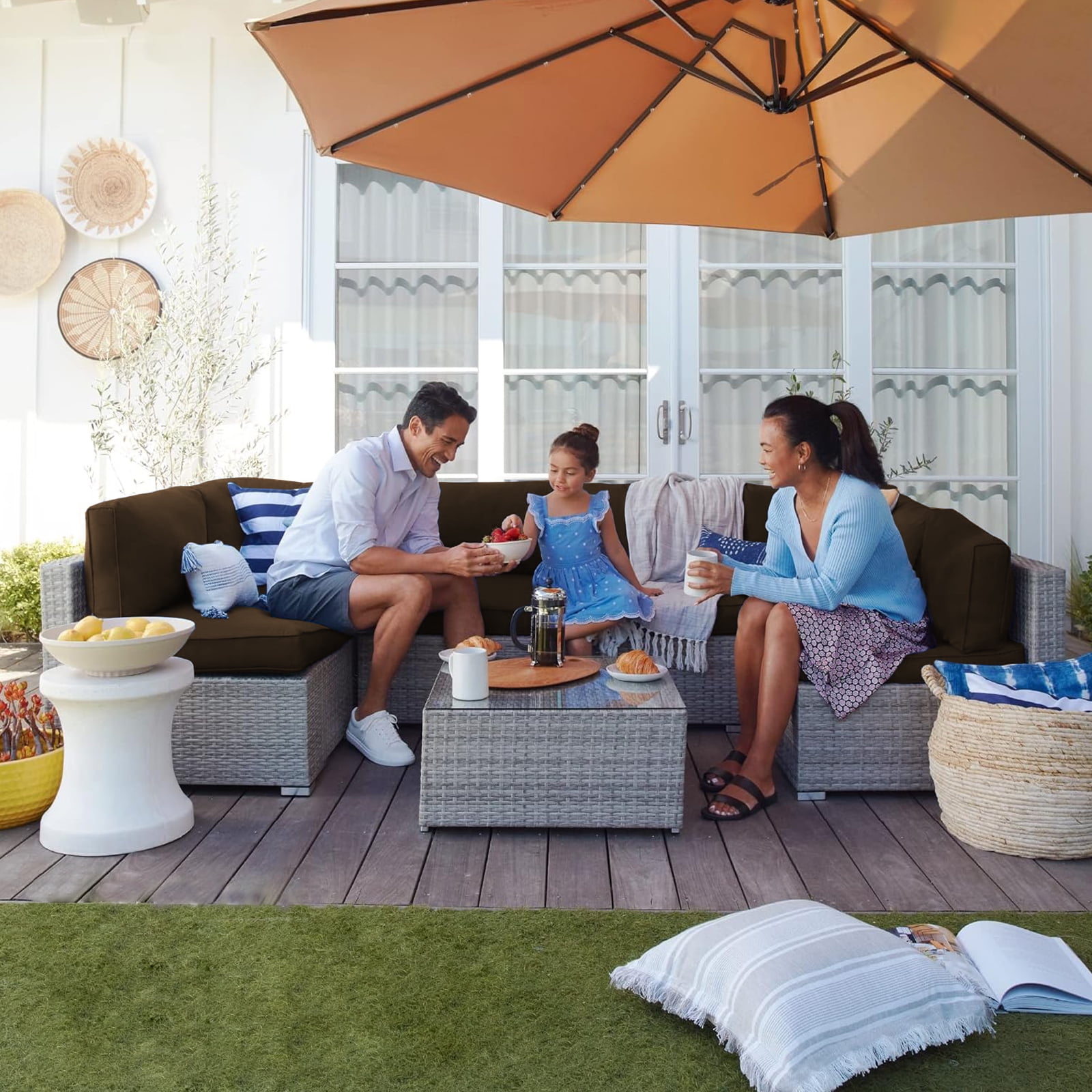 PUKNLY Outdoor Furniture Replacement Cushions, Fits 6-seat Sectional Rattan Conversation Set, 14 Piece Patio Water-Resistant Replacement Sofa Cushions, Liner&Cover（Brown）