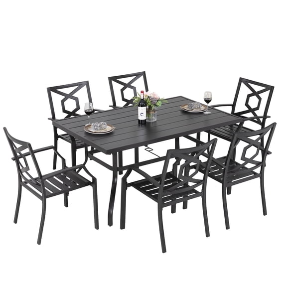 Nuu Garden Outdoor 7-Piece Dining Set, 61'' x 37'' Rectangle Table with 1.57'' Umbrella Hole, 6 Iron Dining Chairs, Weather-Resistant Iron Frame, for Indoors and Outdoors, Black