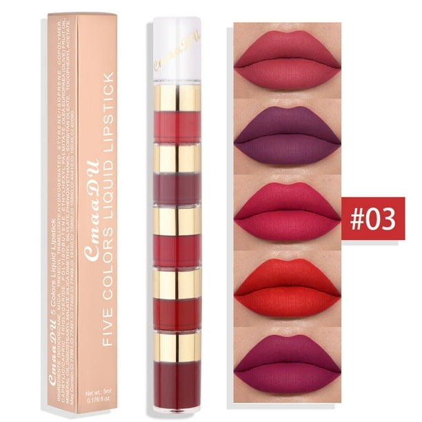Kit de 5 labiales líquidos mate, color carmesí, para pieles oscuras. Labial mate de larga duración (24 horas). Brillo de labios de 5 ml.