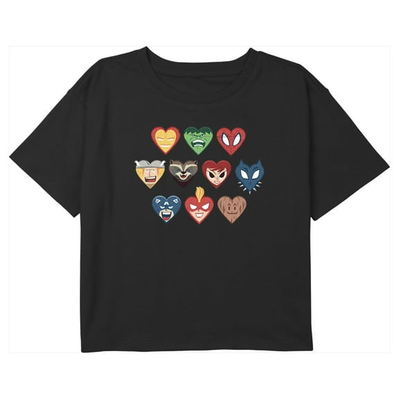 Girl's Marvel Superhero Hearts Graphic Cropped T-Shirt Black Large