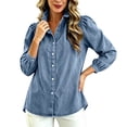 thumbnail image 2 of TGSLY Women's Ruffle Trim High Collar Denim Jacket Lightweight Button Down Puff Long Sleeve Tops Dressy Casual Solid Color Trucker Coat M, 2 of 10