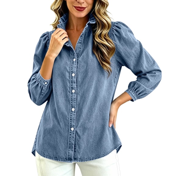 Women's Solid Color Denim Ruffle Collar Button-Front Long Sleeve Jacket Casual Feminine Trucker Coat