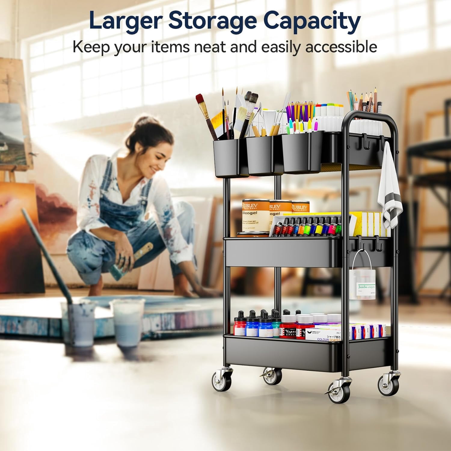 3 Tier Rolling Cart - Metal Utility Cart with Wheels, Hanging Cups, Hooks, Heavy Duty Mesh Rolling Storage Cart Organizer, Craft Cart for Kitchen Office, Lightweight and Sturdy