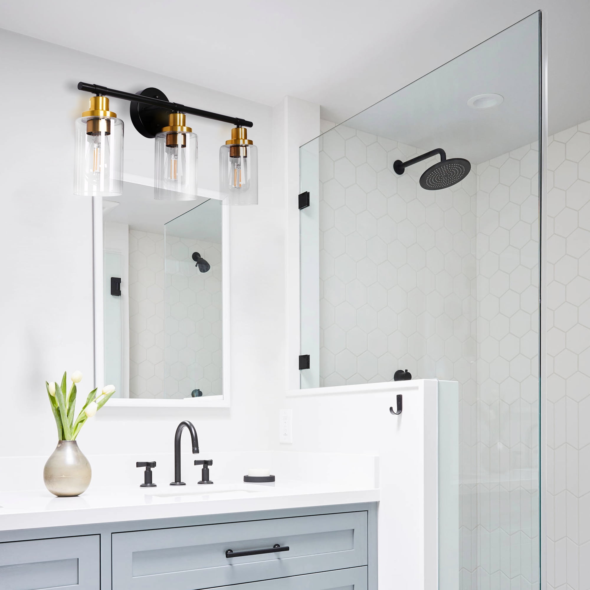 Black Vanity Lights for Bathroom 3 Lights Industrial Wall Mounted Over Mirror Wall Lights with Glass Cover