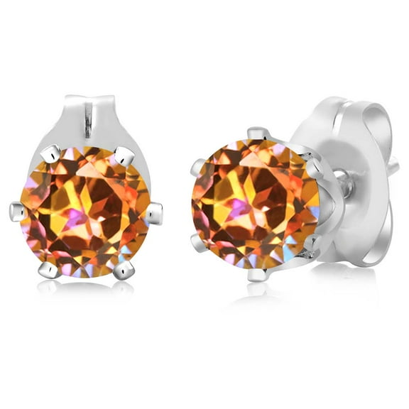 Gem Stone King Round Shape Orange Mystic Topaz 1.20 Ct in Silver Plated Brass Stud Earrings for Women Men