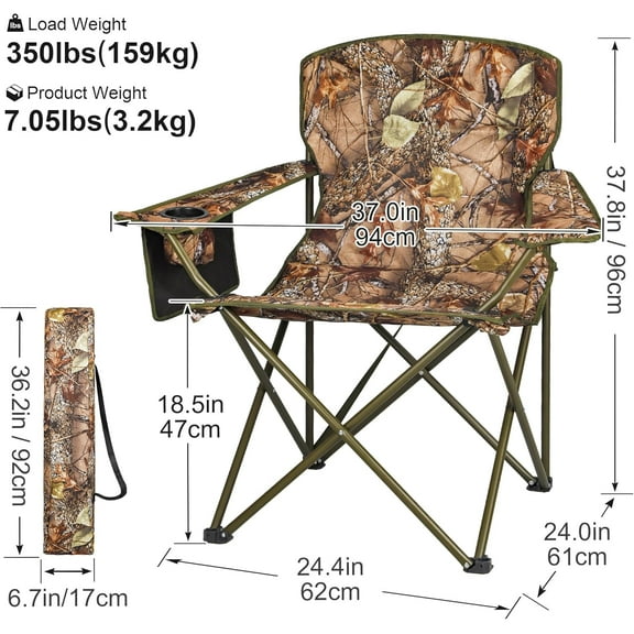 Oversized Hunting Chair with Hunting Rest - Camouflage Design, Supports 350 lbs, Portable Recliner with Cup Holder & Carry Bag