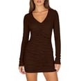 thumbnail image 6 of Long Sleeve Bodycon Dresses for Women Going Out V Neck Ruched Party Club Mini Dress Coffee, M, 6 of 7