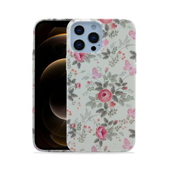 KIQ iPhone 13 Pro Max Case, Womens Fashion Slim Cell Phone Case Protective Cover (Autumn White Pink Red Flower Butterfly)