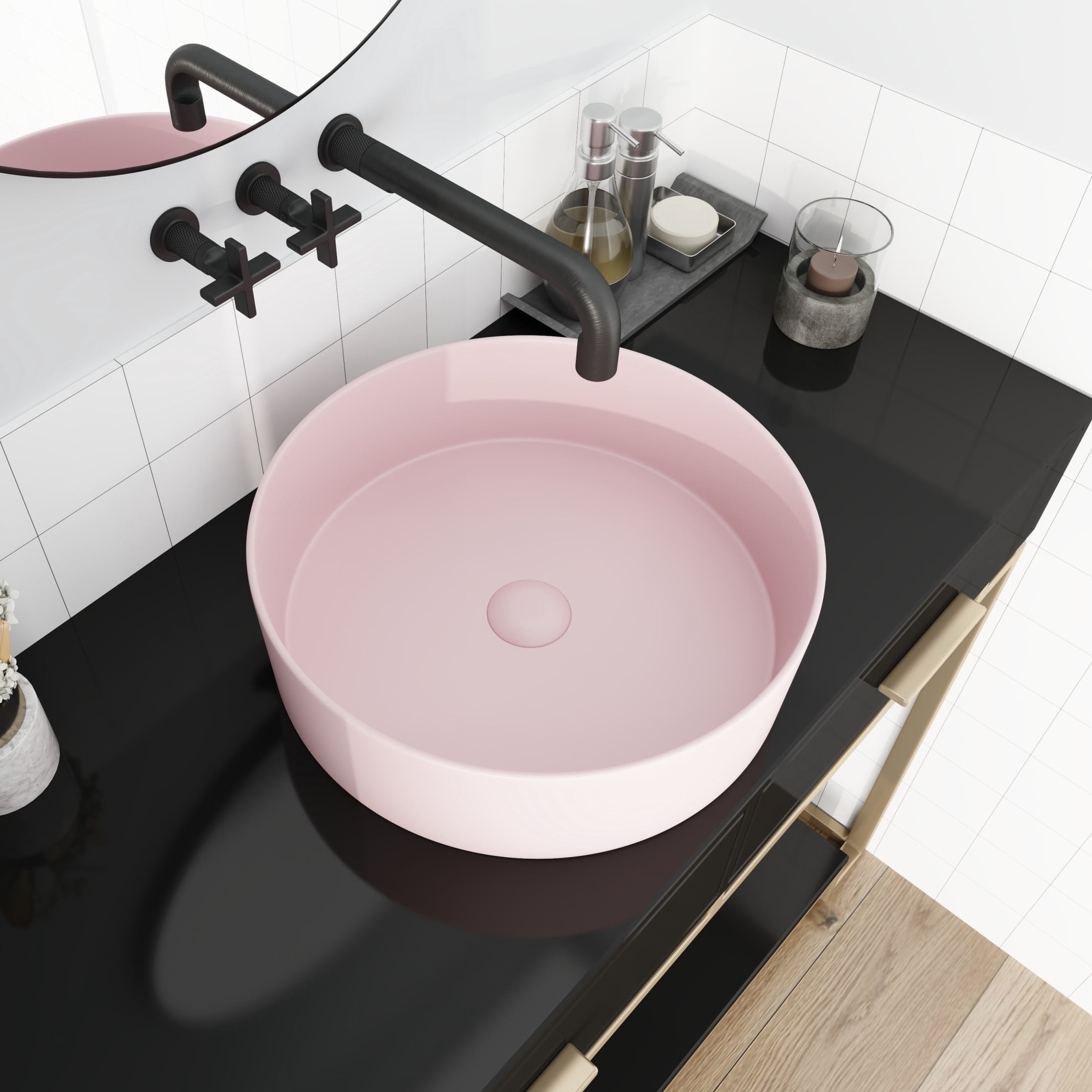 Noble House 15.7" Round Ceramic Bathroom Vessel Sink, Above-Counter Art Basin, Easy-Clean Glaze, Pink