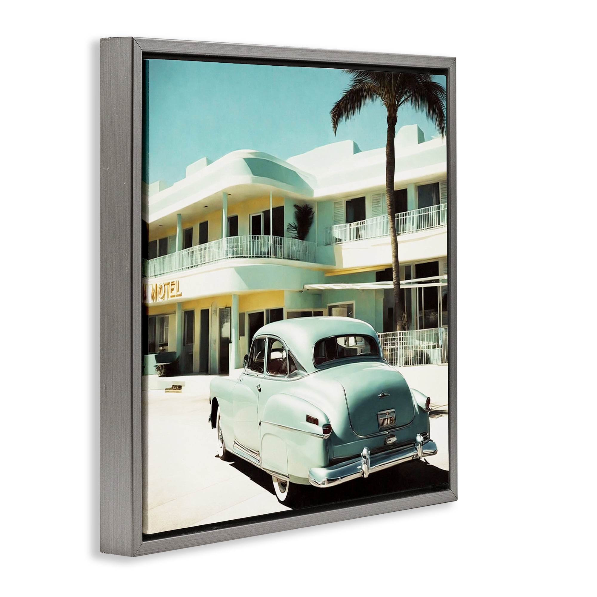 Stupell Industries Classic Car at Motel Transportation Painting Gray Floater Framed Canvas Art Print Wall Art, 25 x 25