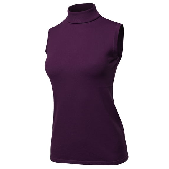 A2Y Women's Sleeveless Viscose Turtle Neck Sweater Top Dark Purple L