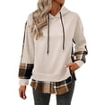 thumbnail image 2 of Women's Patchwork Plaid Hoodie with Drawstring Hood, Casual Long Sleeve Pullover with Side Slits, Comfortable Loose Fit Fall Sweatshirt for Streetwear, Daily Wear and Seasonal Outfits Beige L, 2 of 4