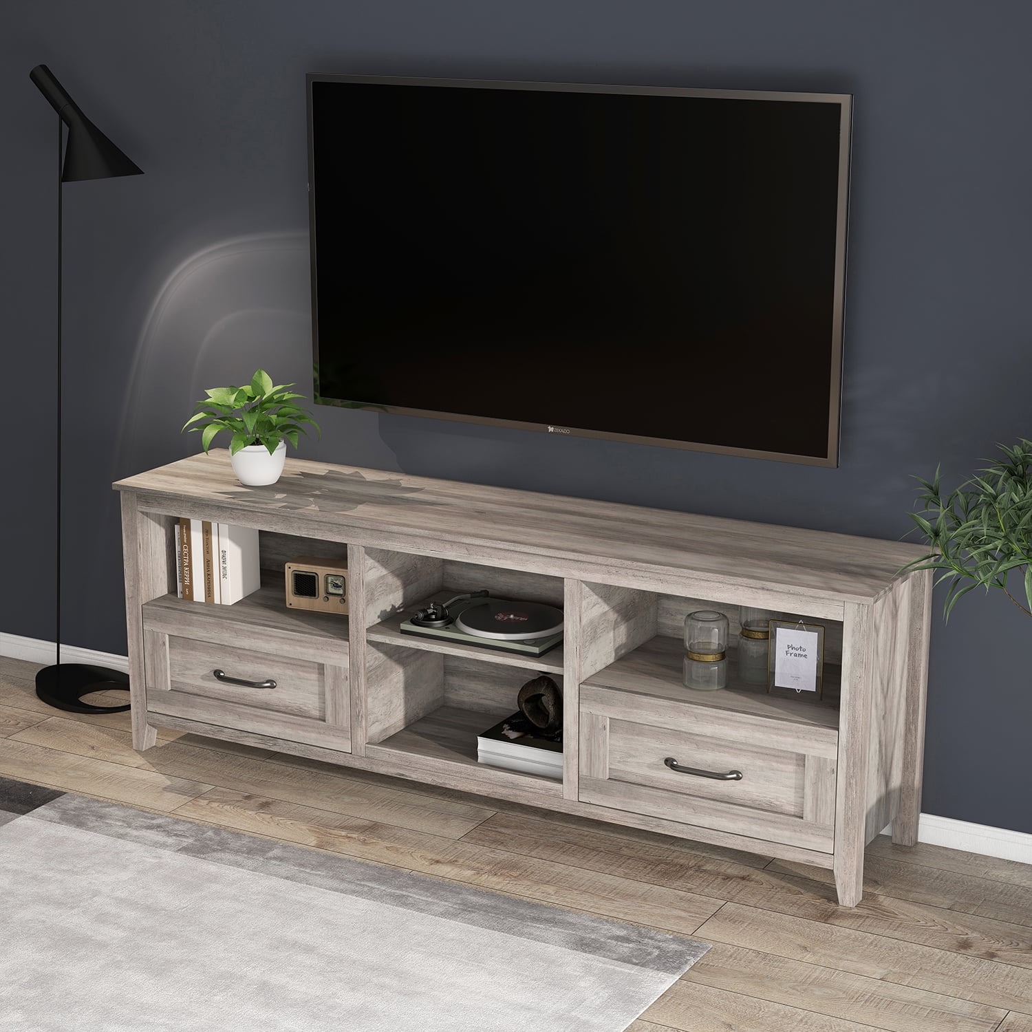 Kadyn 70.08 Inch Length TV Stand, Particle Board TV Entertainment Center with 2 Drawers and 4 High-Capacity Storage Compartment, Modern TV Console Table for TV up to 60", Grey