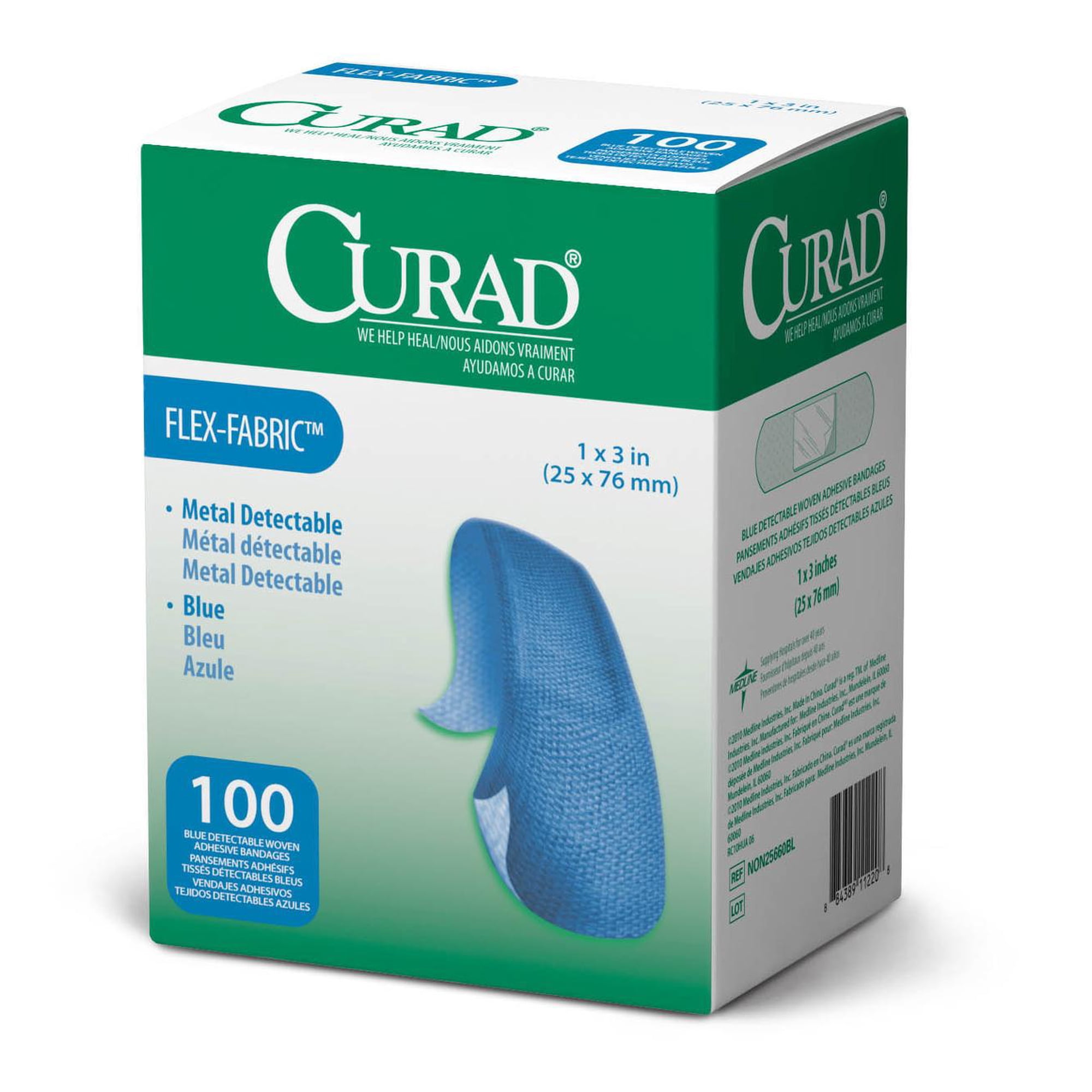 Medline Curad Food Service Adhesive Bandages, 1" x 3", Blue, 100 Ct