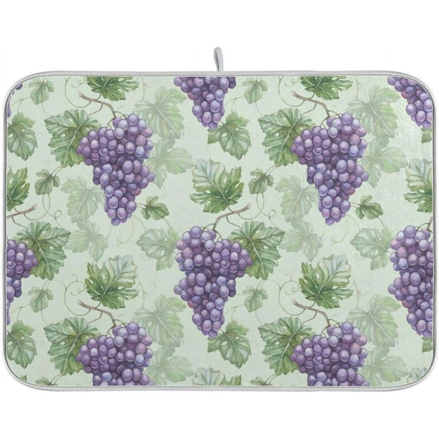 Grapes Purple Rustic Dish Drying Mat 16x18 Inch Microfiber Drying Pad with Green Leaves Country Fruits Design Highly Absorbent Reversible Medium Dish Draining Mat for Kitchen