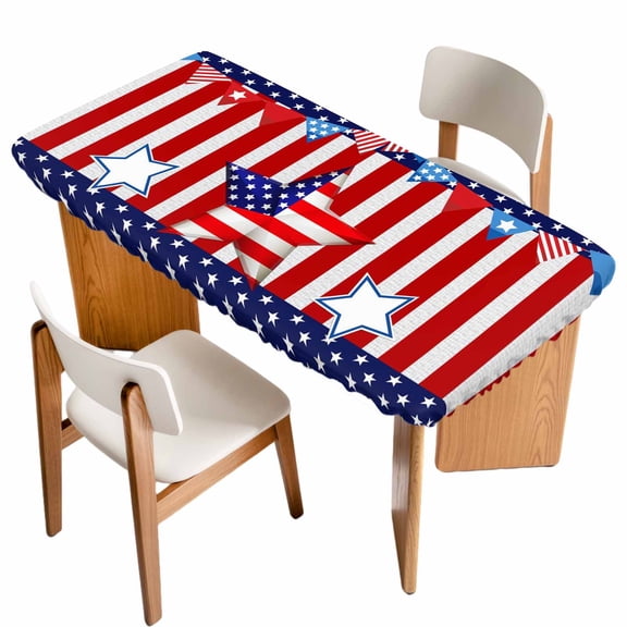 Independence Day Table Cloths for 5 Foot Rectangle Tables, American Flag Patriotic Star Red Striped Patio Waterproof Elastic Fitted Tablecloths, Washable Rectangular Table Cover for Camping