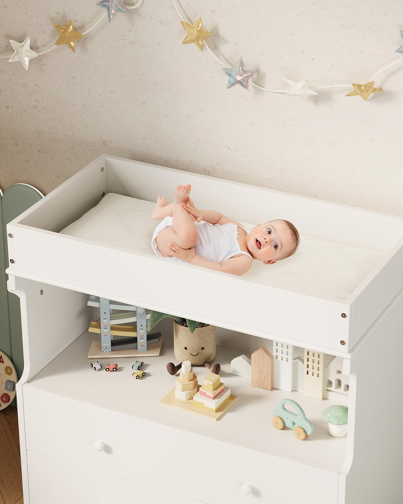 Huisuilinss Changing Table Dresser,Baby Nursery Dresser,Modern Wood Diaper Changing Station With 2 Drawers & Shelves,Multi-Functional Chest Of Drawer For Nursery Room Bedroom Kids Room