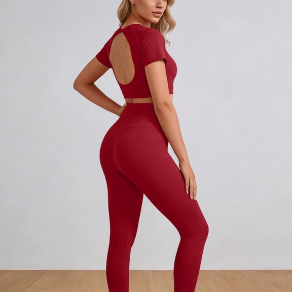 LEWKW Women's 2 Piece Yoga Outfits Short Sleeve Open Back Crop Top And High Waist Leggings Matching Sets Seamless Gym Running Sporty Workout Tracksuits