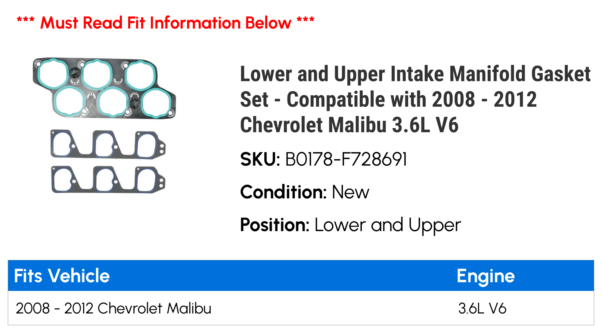 Lower and Upper Intake Manifold Gasket Set - Compatible with 2008 - 2012 Chevy Malibu 3.6L V6 2009 2010 2011