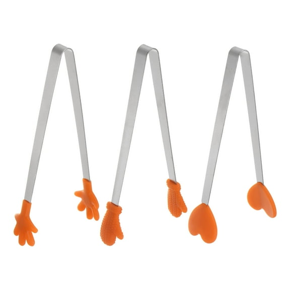 Mini Food Tongs 14cm Pattern Shape Stainless Steel with Silicon Tips, Orange