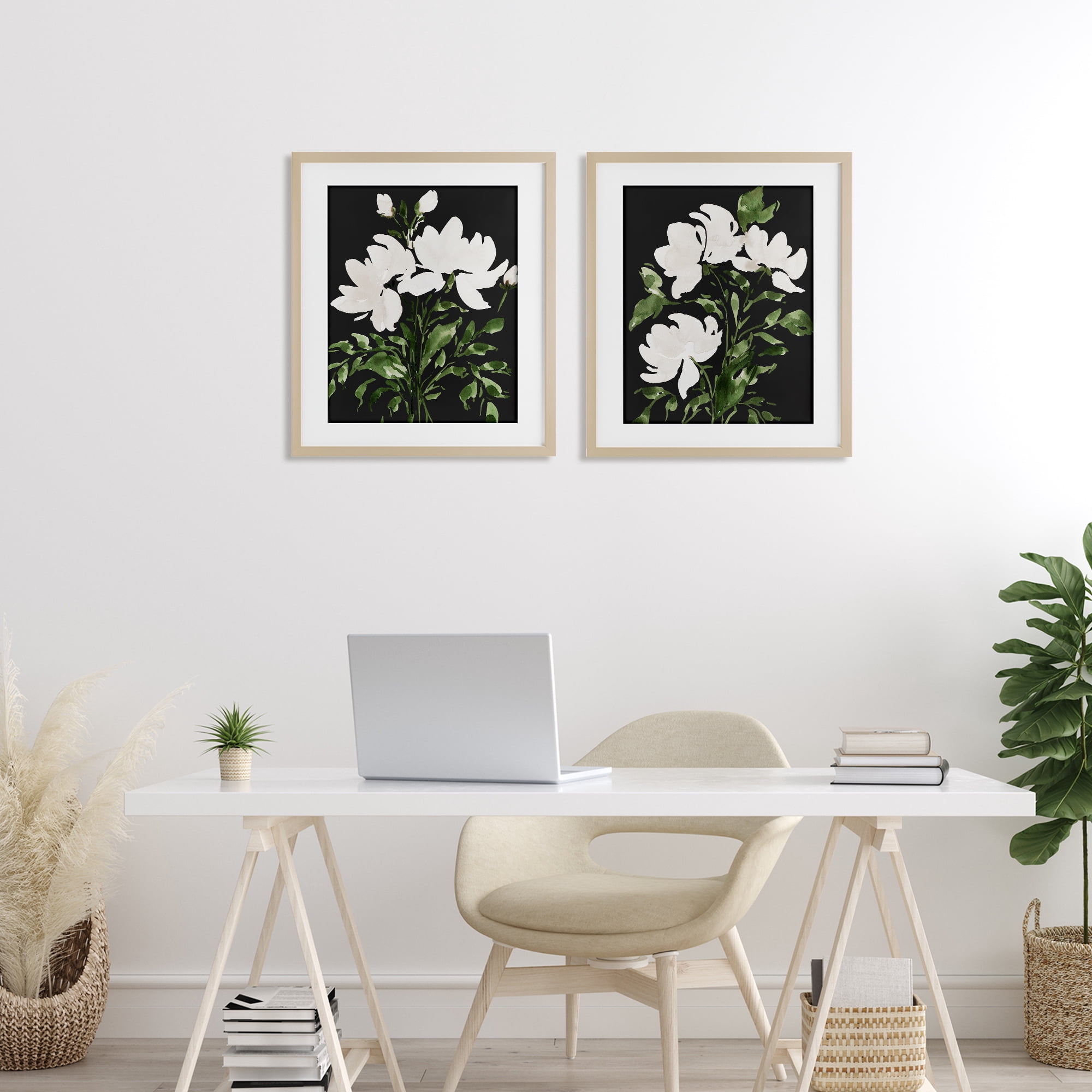 Stupell Industries White On Black Blooms 2 Piece Birch Framed Print Under Glass Set, design by Lucille Price