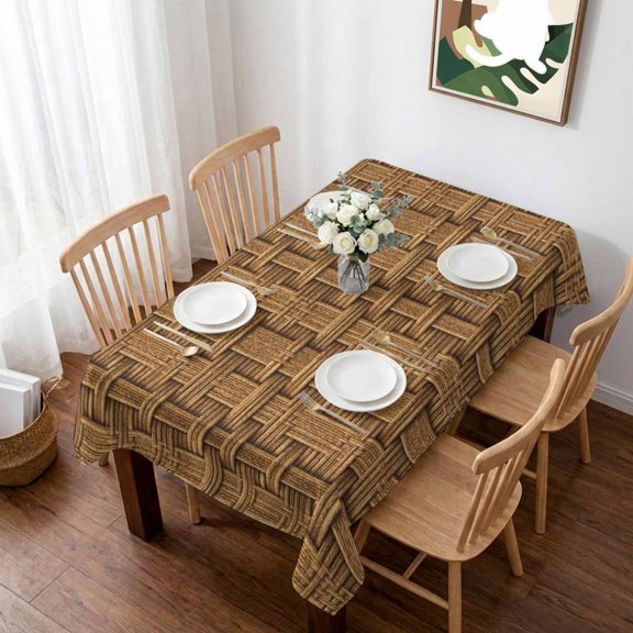 Vintage Rattan Table Cloth Waterproof Tablecloths, Minimalist Abstract Wicker Texture Brown Tablecloth Dining Table Cover for Kitchen Party Tabletop Outdoor, Rectangle Tablecloth 60x102 Inch
