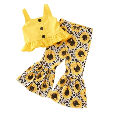 

GWAABD Toddlers Girls Clothing Yellow Cotton Blend Toddler Kids Baby Girls Sleeveless Strap Button Vest Tops Sunflower Leopard Print Flare Pants Bell Bottoms 2PCS Outfits Clothes Set 100