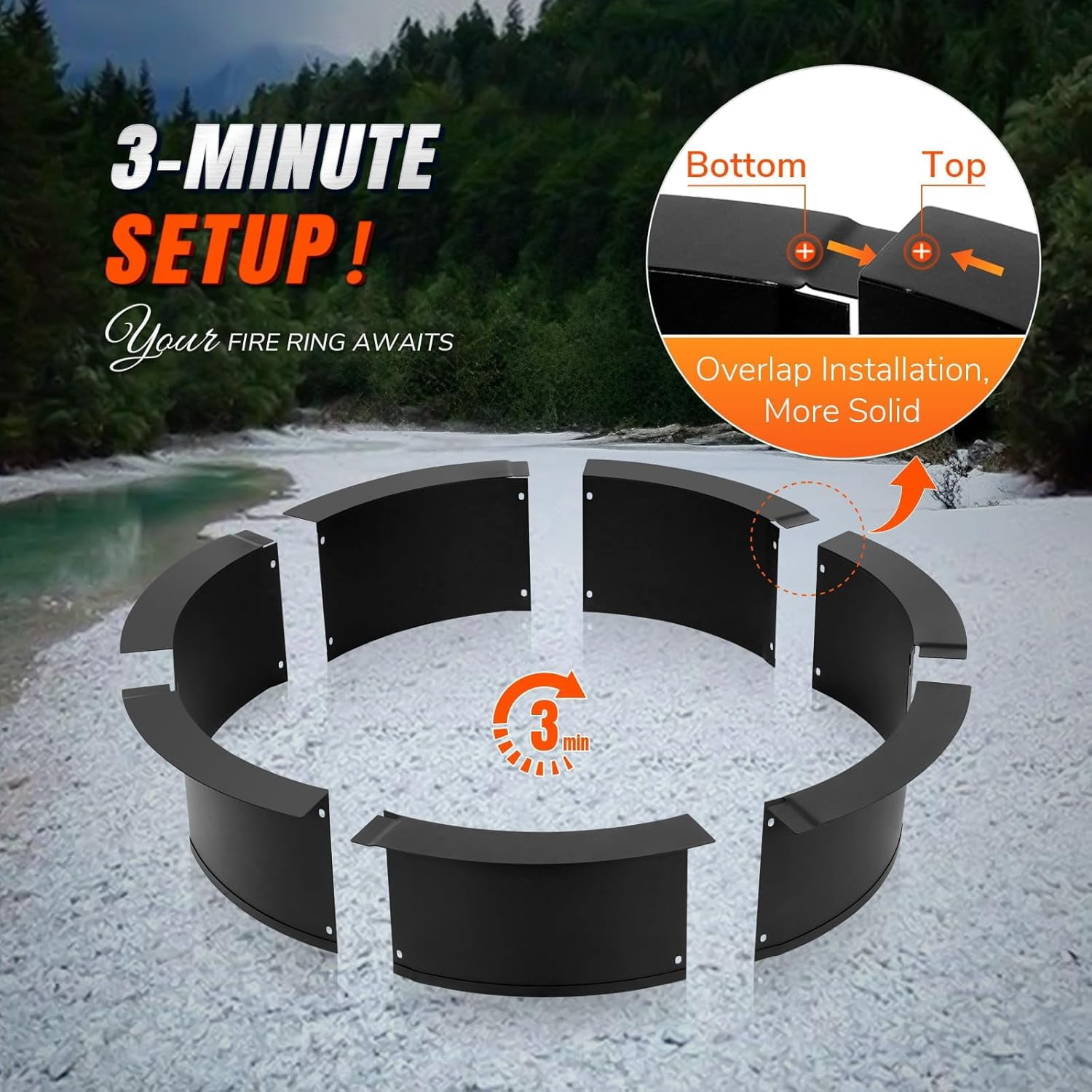 28-Inch Heavy Duty Steel Fire Pit Ring for Outside, Large Round Insert for DIY Camping, Black