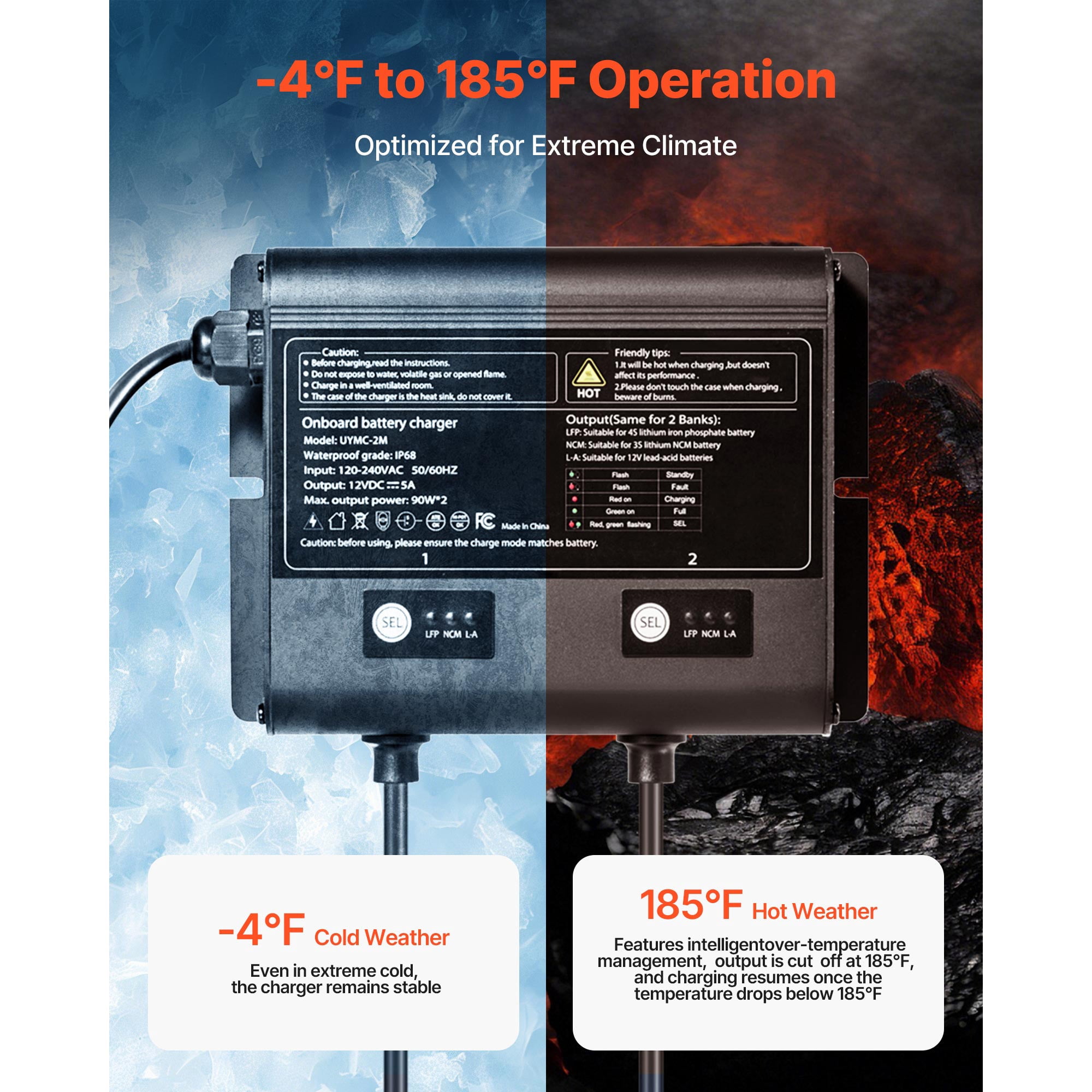 KFFKFF Marine Battery Charger, 2-Bank, 5A 12V Onboard Charger, IP68 Waterproof Smart Charger for Lithium-Ion (LiFePO4), NCM, Lead-Acid Batteries, Compatible with Boats, Yachts, RVs, and Trailers