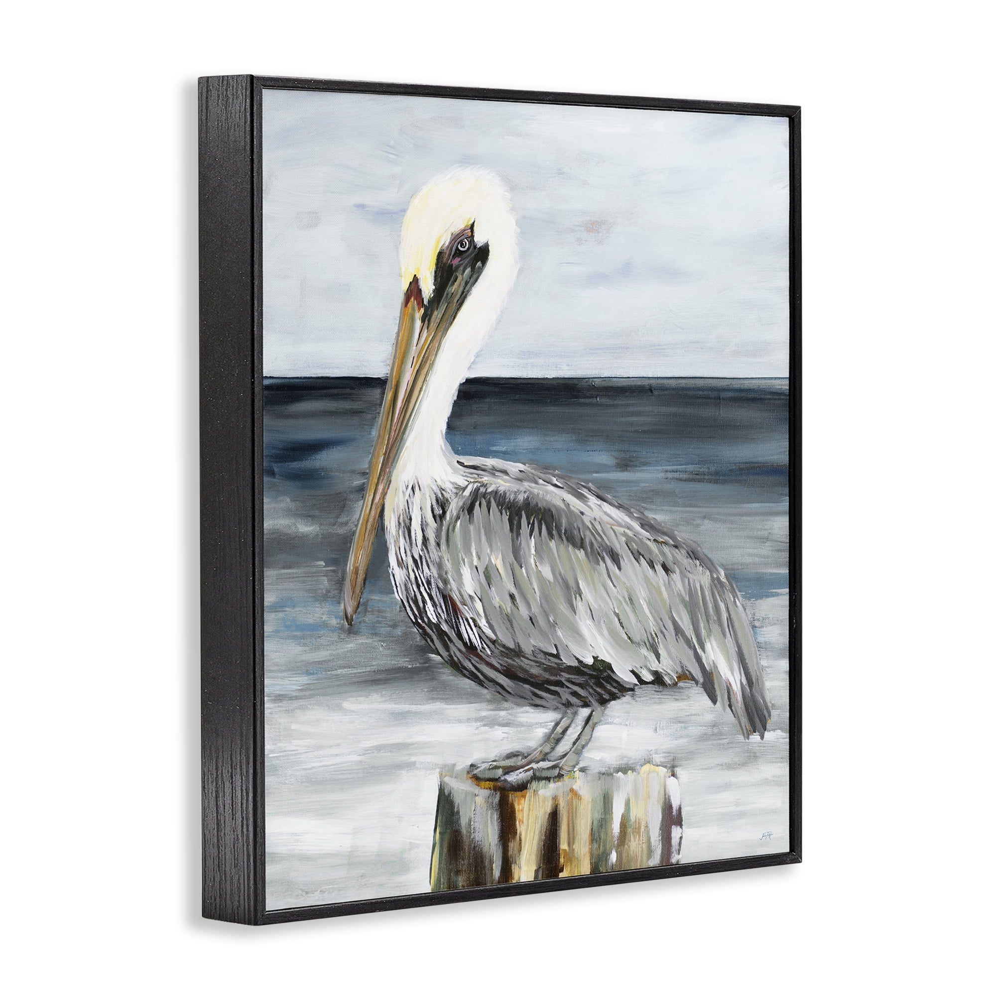 Stupell Industries Peaceful Beach Pelican Animals & Insects Painting Black Framed Art Print Wall Art, 24 x 30