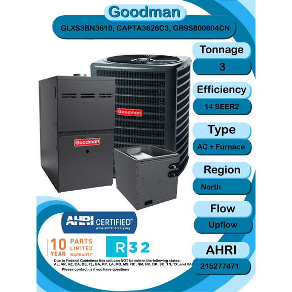 Goodman 3 ton 14 SEER2 Complete Split System with upflow coil and single stage 80% AFUE 80k BTU furnace with install accessories! (GLXS3BN3610 CAPTA3626C3 GR9S800804CN)