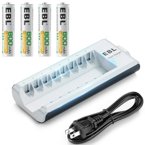 EBL 4 Pack of AAA Batteries NiMH Rechargeable Battery 800mAh with Smart 8-Slot Battery Charger for AA AAA Battery