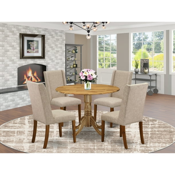 East West Furniture Dlfl5 Ana 04 5 Pc Dining Room Table Set Included A Round Dinner 4 Kitchen Chairs Clay Linen Fabric Parsons Seat With Rubber Wood Legs Natural Finish East West Furniture Dlfl5 Ana 04 5 Pc, Natural Wood Round Dining Room Table
