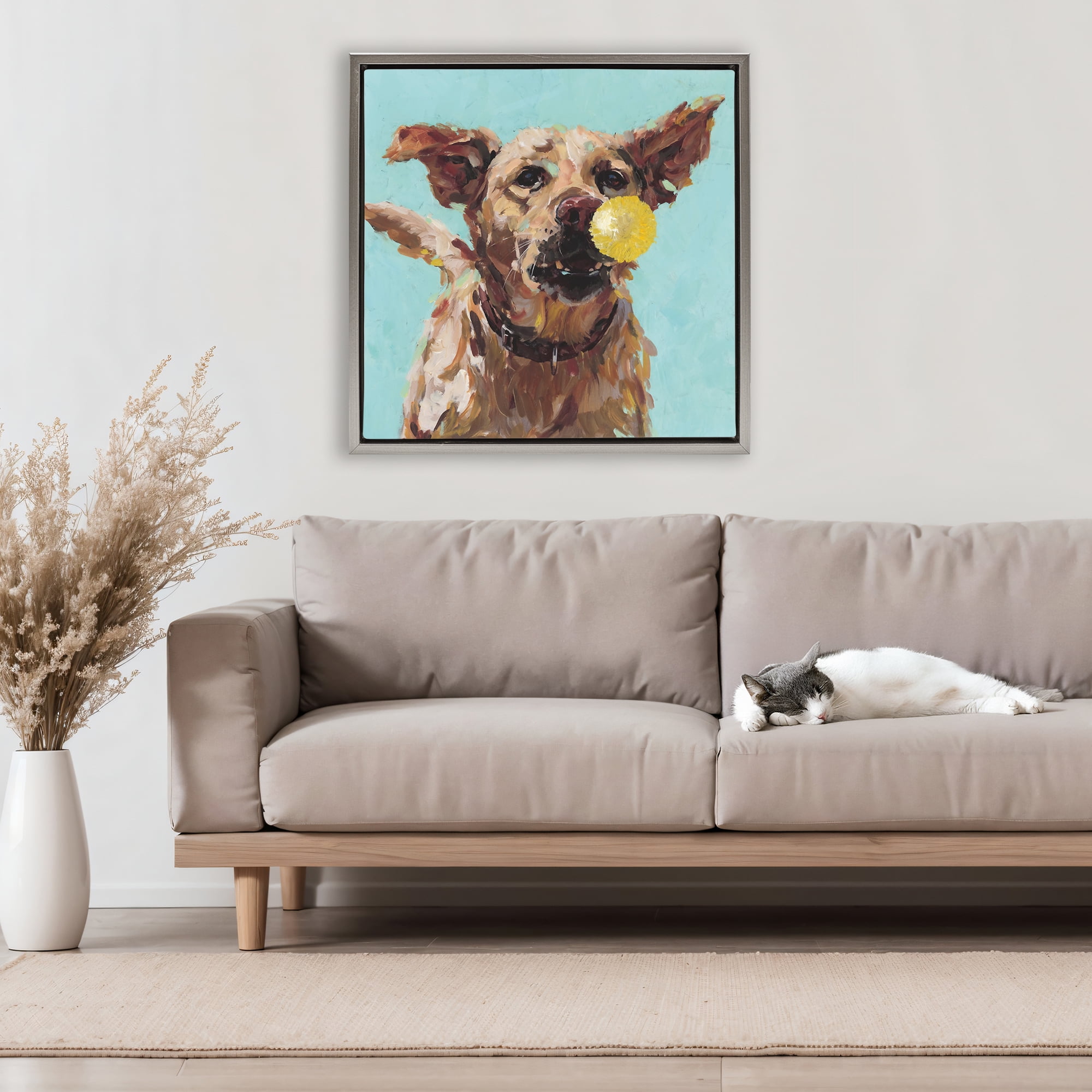Dog Playing with Ball Gray Framed Floater Canvas Wall Art, design by Studio Bautista