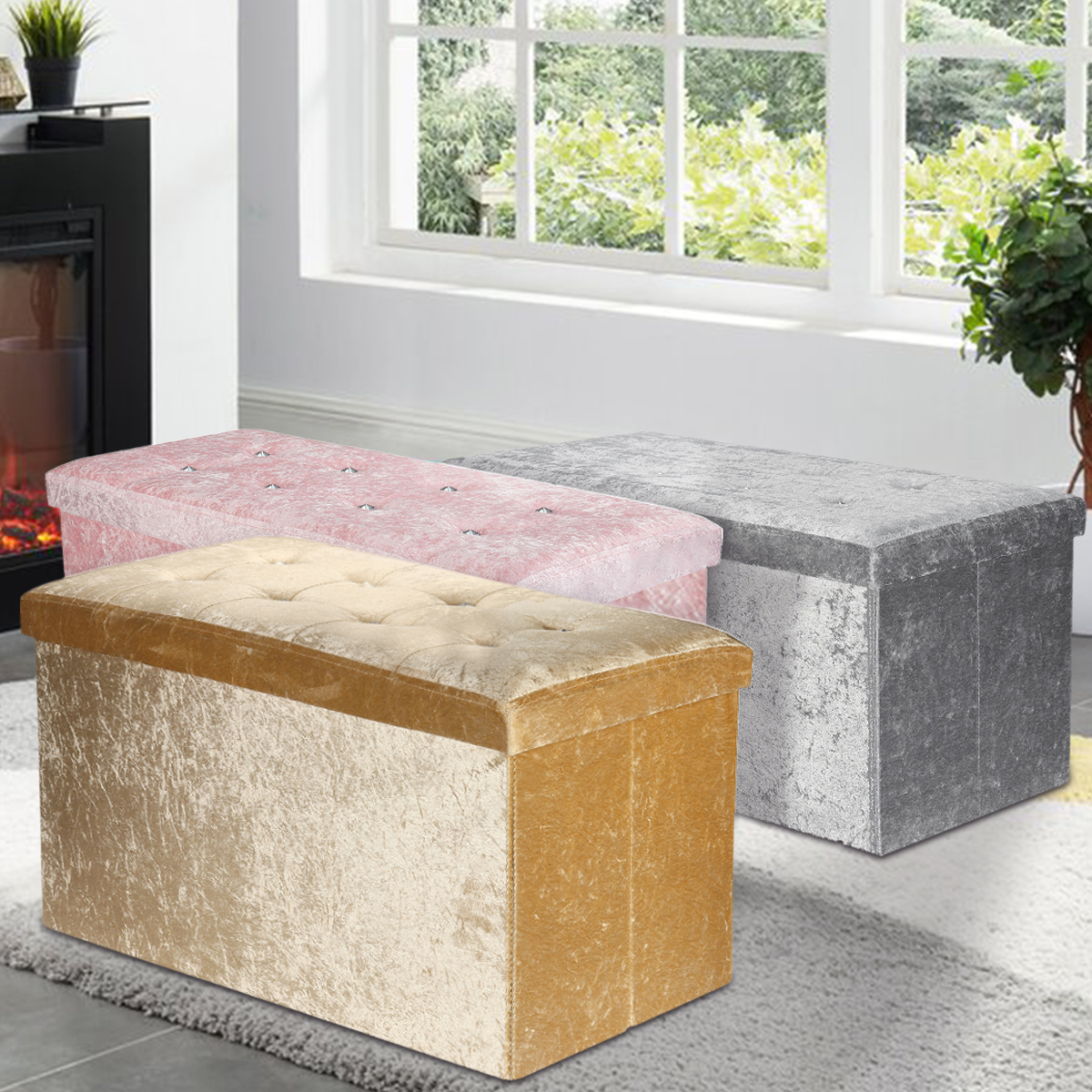 Rectangle Bench Velvet Diamante Ottoman Footstool Window Seat Stool Storage Box