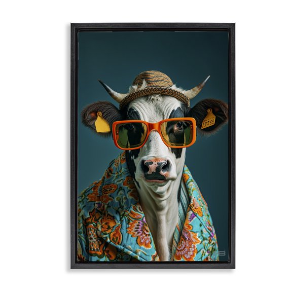 Stupell Industries Eclectic Cool Trendy Cow Black Floating Frame Canvas Art, 17 x 25, by RB