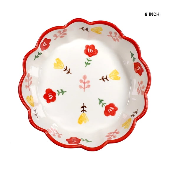 8 Inch Hand Painted Flower Pattern Ceramic Bowl Wavy Edge