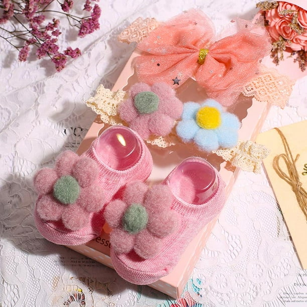 3 Unids/Set Cute Pompom Recién Nacido Calcetines Conjunto De Diademas Antideslizante Encaje Lazo Flor Bebé Niñas 0-3 Meses