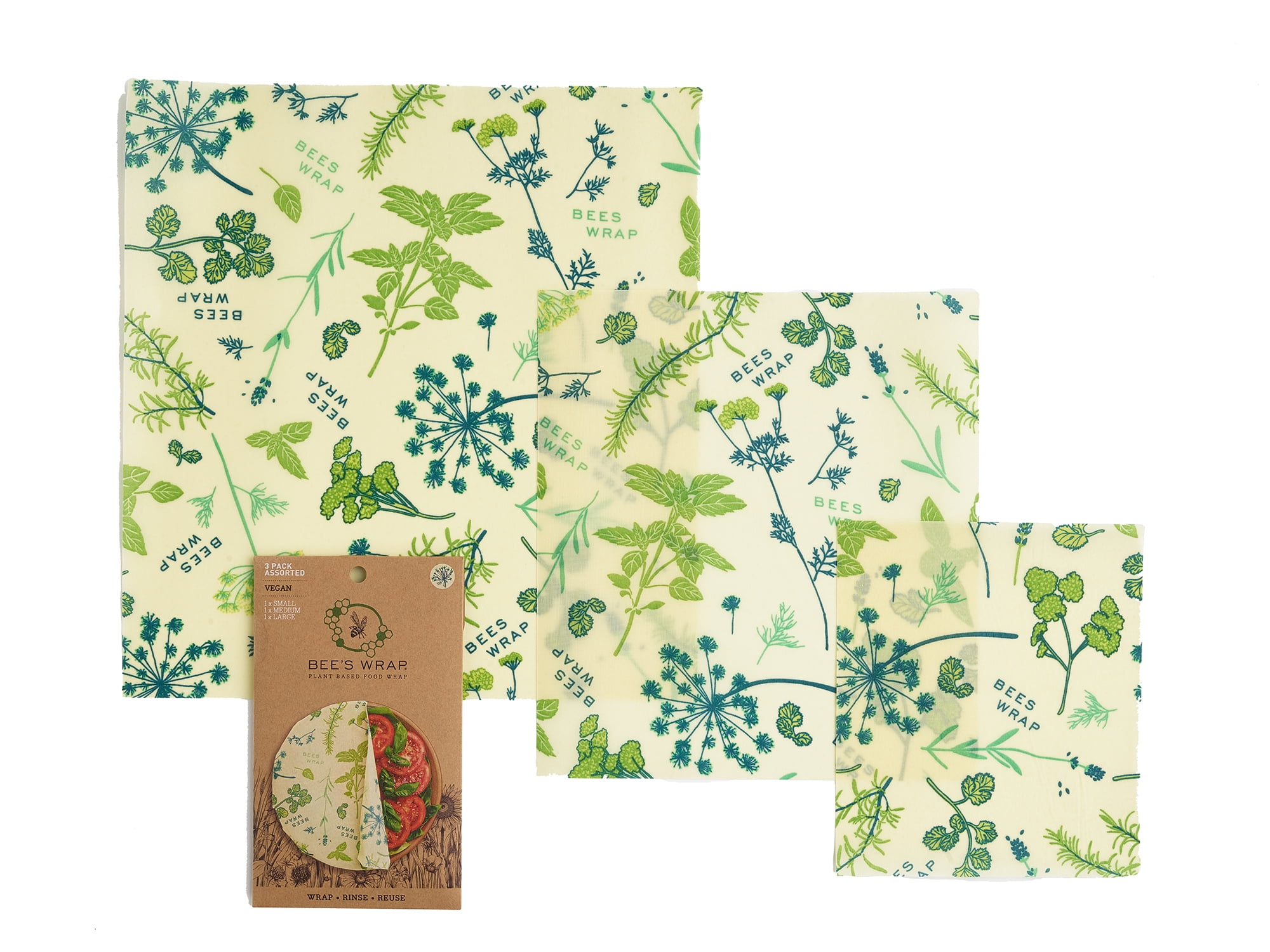 Bee's Wrap Vegan Wrap 3 Pack, Herb Garden Print - Plastic-Free Food Storage