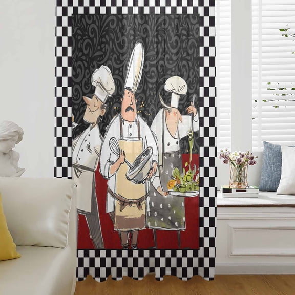 Chef Semi Sheer Curtains Drapes for Living Room, Bedroom, French Doors Window 96 Inches Long, Cartoon Cute Watercolor Cooking Black Plaid Rod Pocket Chiffon Curtain Drapery Voile Draperies Panel