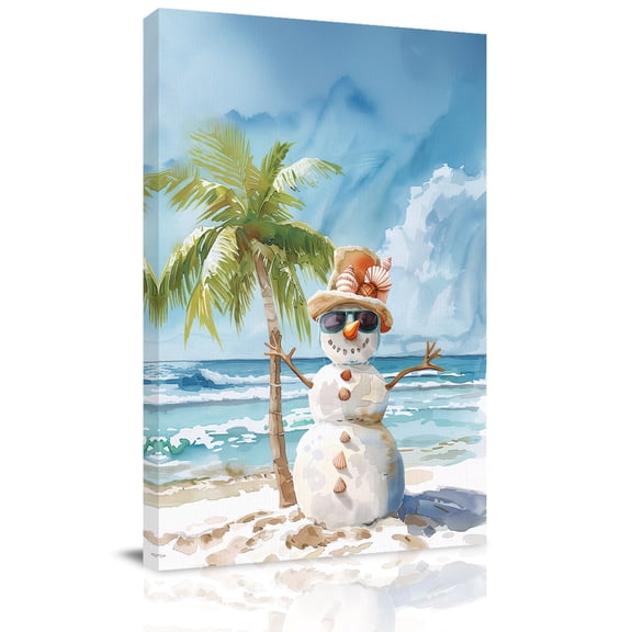 Canvas Wall Art, Coastal Christmas Framed Canvas Prints for Bedroom Bathroom, Xmas Snowman Beach Nautical Gallery Wrapped Wall Decor for Home Office, Gifts, 11"x14" Ship Next Day