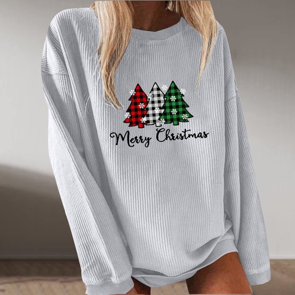 Jacenvly Sweatshirt for Womens Fall Long Sleeve Christmas Tree Print Womens Tops Trendy Fashionable Casual Round Neck Sweaters Light Soft Comfortable and Warm