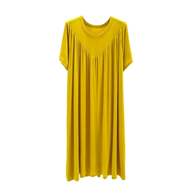 Timegard Chemises de Nuit pour Femmes Col Rond Manches Courtes Vêtements de Nuit Plissés Doux Couleur Unie Chemises de Nuit Confortables