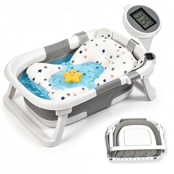Rupoun Baby Bathtub, Collapsible for Newborn Boys and Girls, Foldable Baby Bathtubs, Gray, Plastic