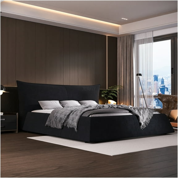 JERFIT King Size Upholstered Platform Bed with Velvet Headboard, Modern Bedroom Frame, No Box Spring Needed, Black